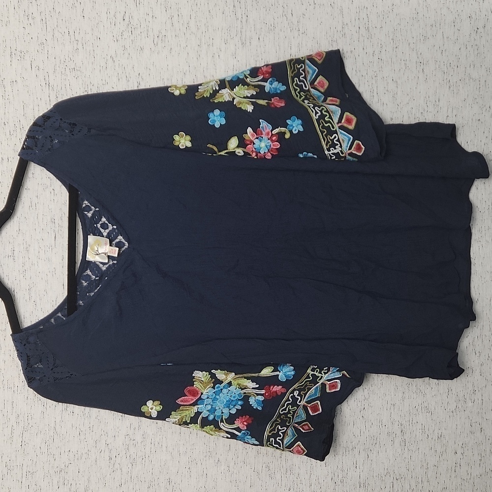 Navy Blue Flowy Blouse with Floral Details